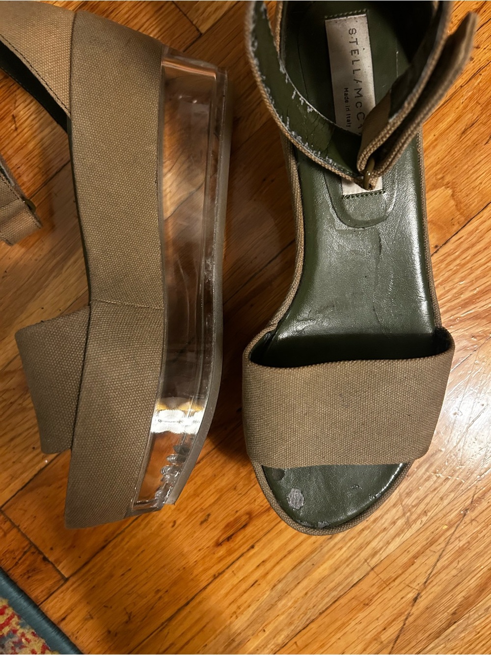 Stella McCartney Olive Canvas Platform Sandals with Clear Wedge
